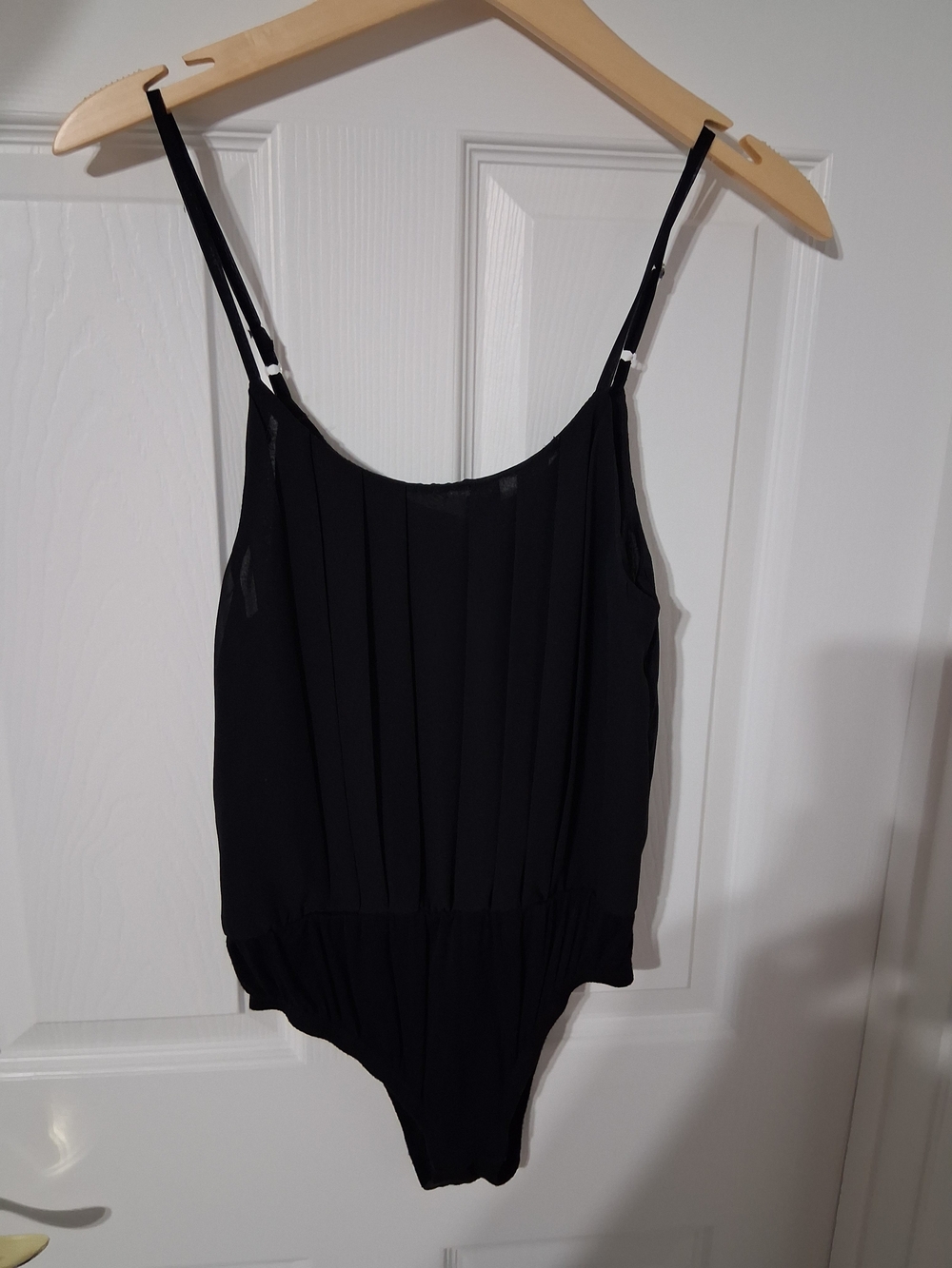 San Joy Black Pleated Adjustable-Strap Chemise Bodysuit